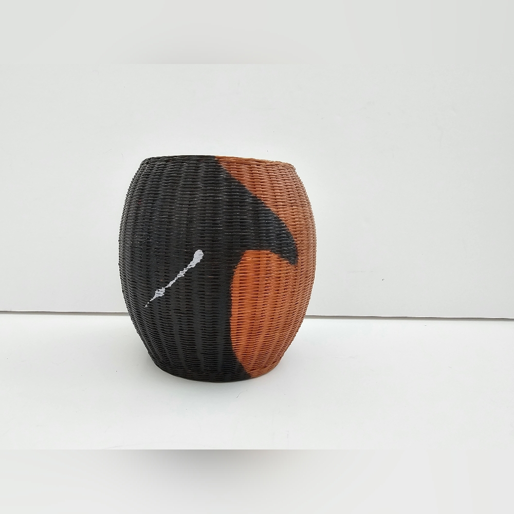 Vintage Hand-Woven Bamboo Vase – Two-Tone Geometric Art – Mid-Century Minimalist